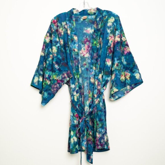 ✨ Smash + Tess Kimono Robe Crepe Kimonette Duster Blue Print Floral - Picture 2 of 15